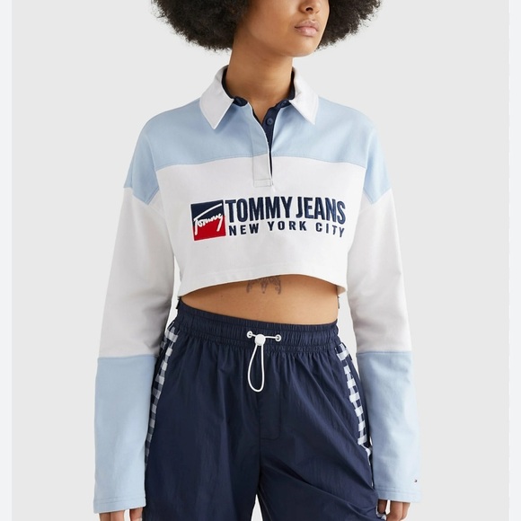 Tommy Hilfiger Tops - Tommy Hilfiger Women's Blue and White Cropped Polo Top